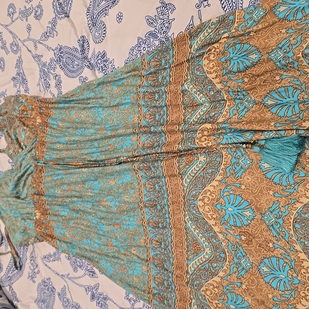 Beautiful Bohemian Blue and Brown Maxi Dress Read - Picture 3 of 10